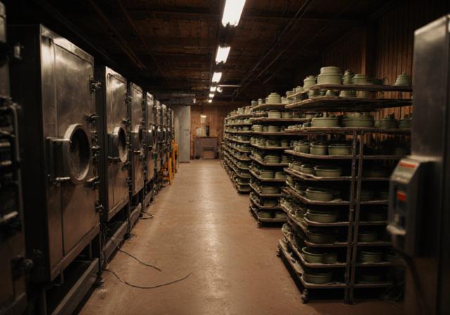 Interior of a shared pottery studio with kilns and equipment