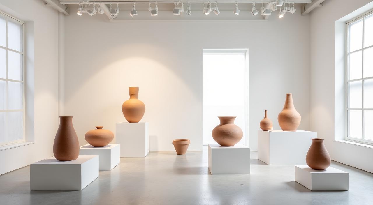 A clean, minimalist ceramic art gallery showroom with carefully lit pedestals