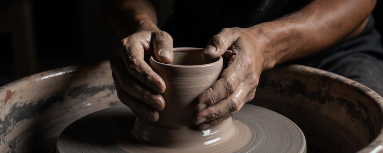 Close-up of craftsman's hands working with clay, suggesting care and precision