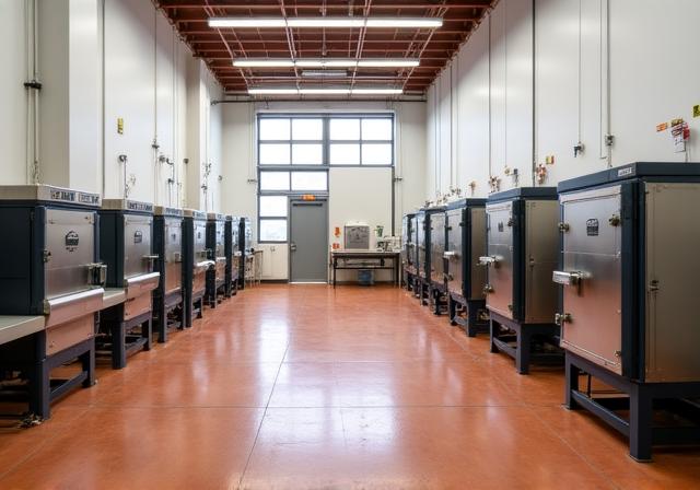 A clean, professional ceramic studio kiln room with safety signage